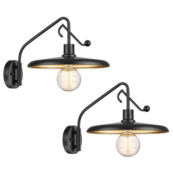 JAZAVA 13 in. Black Outdoor Indoor Hardwired Farmhouse Gooseneck Barn Light Wall Lantern Sconce with No Bulbs Included (2-Pack)