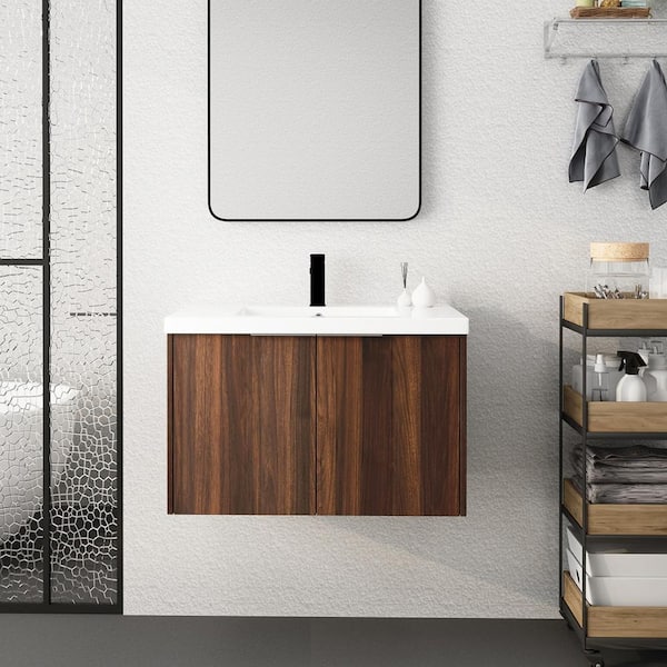 Unbranded 30 in. W x 18 in. D x 21 in. H Single Sink Wall Mounted Bath Vanity in California Walnut with Ceramic Top in White