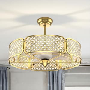 30 in. Indoor Golden Caged Ceiling Fan with Light Crystal Lamp Shade 6-Light Bases