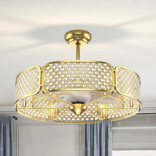 30 in. Indoor Golden Caged Ceiling Fan with Light Crystal Lamp Shade 6-Light Bases