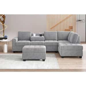 112 in. Square Arm 5-Seater Convertible Sofa in Gray