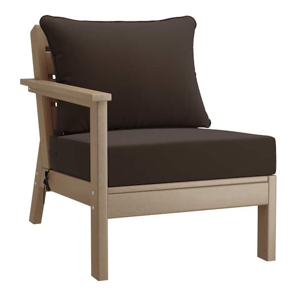 Birchwood Outdoor Patio Deep Seating Left Facing Arm HDPE Lounge Chair in Weathered Wood with Brown Cushions