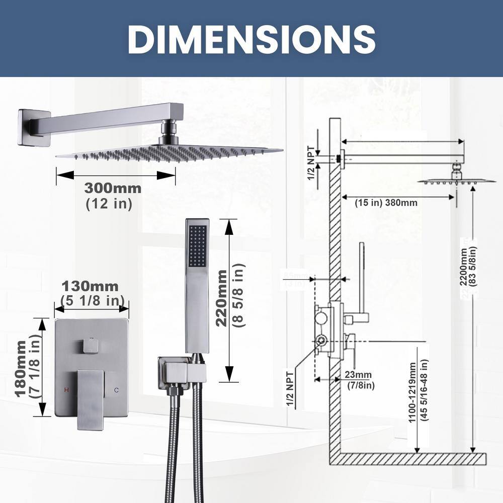 Brushed Nickel 12" Square Rain Shower System with Handheld