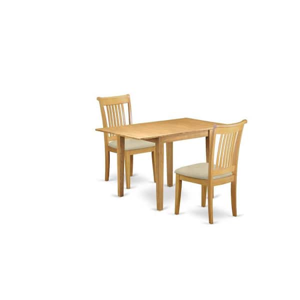 East West Furniture 3-Piece Natural Brown Oak Finish Solid Wood Top Dining Table Set for Small Spaces