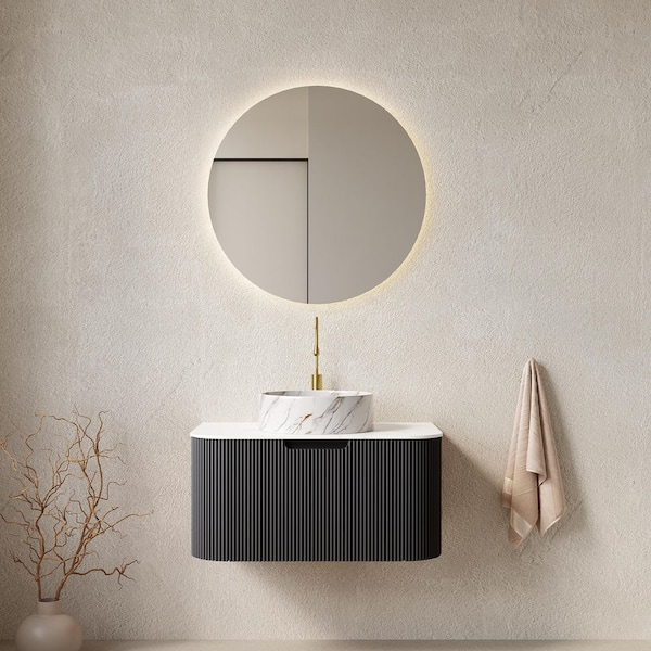30 in. Wall-Mounted Black Bath Vanity with White Engineered Marble Top Pre-Assembled