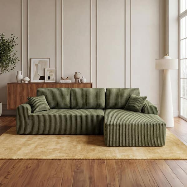 Emery 109.8 in. Round Arm 2-Piece Corduroy Modular Compressed Sectional Sofa in Green with Chaise, Pillows