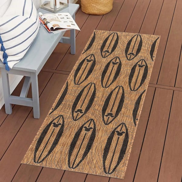 Mickey Mouse Surfboard Chestnut/Black 2 ft. x 6 ft. Geometric/Animal Print Indoor/Outdoor Runner Rug