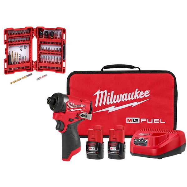 Milwaukee M12 FUEL 12-Volt Lithium-Ion Brushless Cordless 1/4 in. Impact Driver Kit with SHOCKWAVE Screw Driver Bit Set (50-Piece)