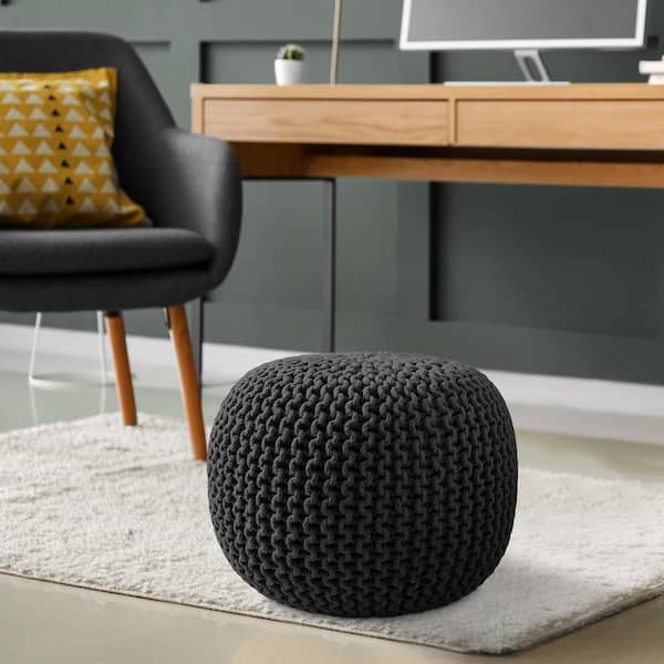 Casafield Black Knit Cotton Round 20 in. x 20 in. x 14.5 in. Pouf Foot Stool