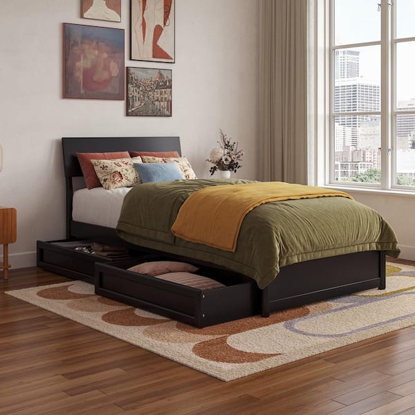 Norla Black Wood Frame Twin XL Platform Bed with Footboard and Storage Drawers