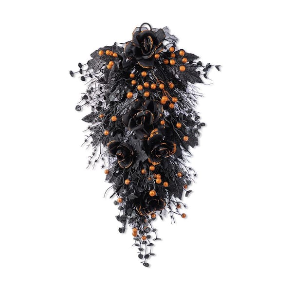 28 in. H Black Rose and Berry Halloween Wreath Swag Includes a Complimentary Black Metal Wreath Hanger