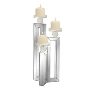 21 in. Silver Wood Pillar 3 Plate Candelabra with Mirrored Accents