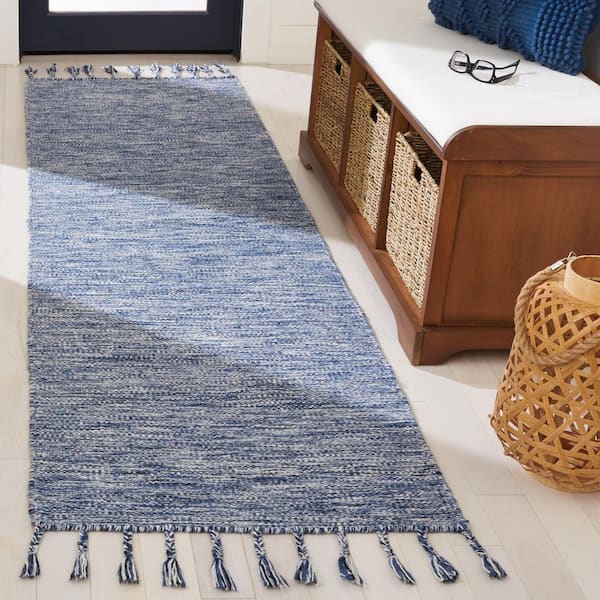 Dhurries 2 ft. x 8 ft. Navy/Beige Horizontal Static Runner Rug