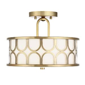 Meridian 13 in. W x 10 in. H 2-Light Natural Brass Semi-Flush Mount with White Fabric Shade and Geometric Metal Frame