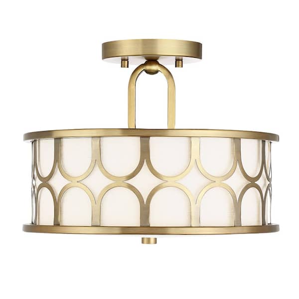 TUXEDO PARK LIGHTING 13 in. W x 10 in. H 2-Light Natural Brass Semi-Flush Mount with White Fabric Shade and Geometric Metal Frame