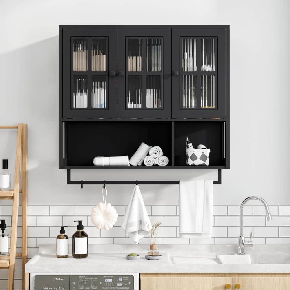 3-Door Wooden Wall Cabinet, Glass Door & Towel Bar, Mixed Storage Space For Multi-Room Use, Black price history on PriceWatchPro