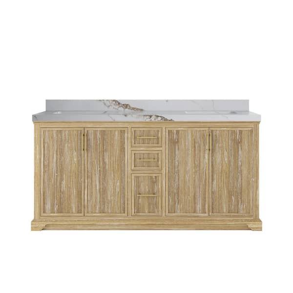 Willow Collections Alys Teak 72 in. W x 22 in. D x 36 in. H Double Sink Bath Vanity in Whitewashed with 2 in. Calacatta Gold qt. Top