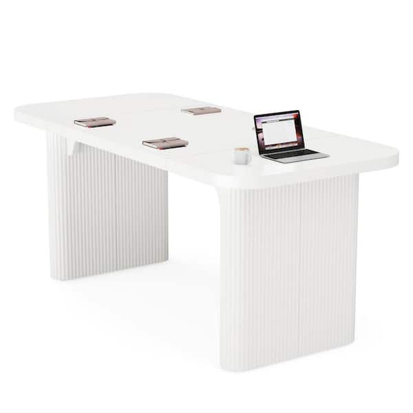 Moronia 62 in. Rustic White Rectangle Engineered Wood Executive Desk Simple Conference Meeting Table with Column Legs