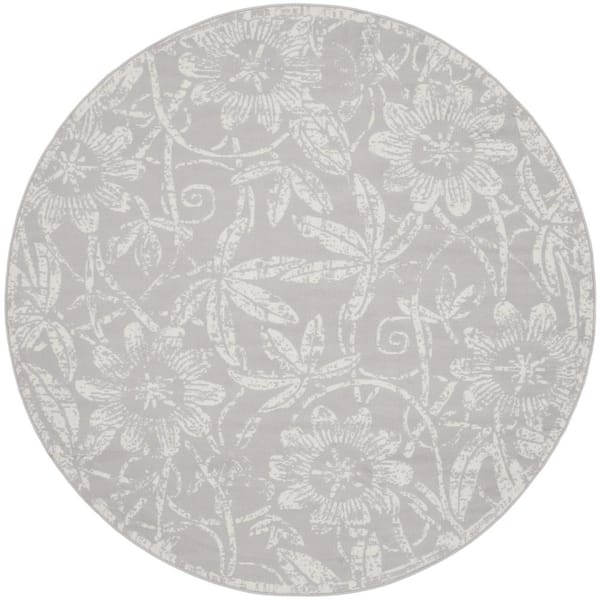 Nourison Whimsicle Grey 8 ft. x 8 ft. Floral Contemporary Round Area Rug