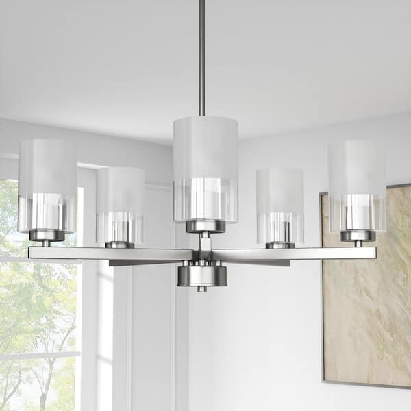 The Modern 5-Light Electroplating Satin Nickel Chandelier with Frosted Grass Shaped Accents For Kitchen And Dining Room