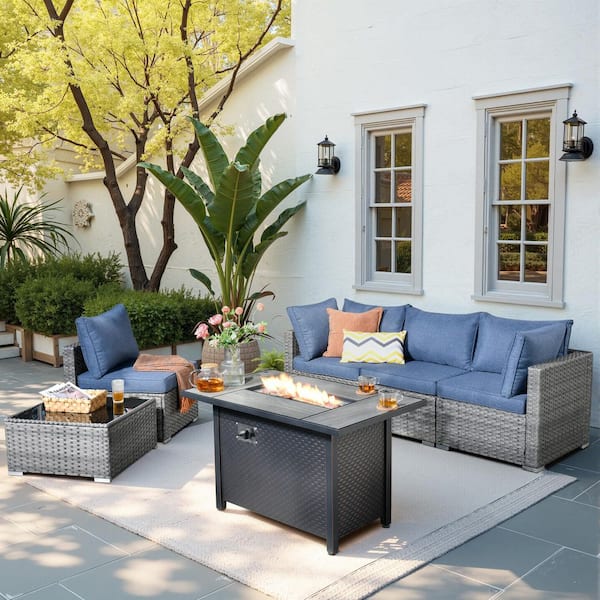 HOOOWOOO Messi Gray 6-Piece Wicker Outdoor Patio Conversation Sectional Sofa Set with a Metal Fire Pit and Denim Blue Cushions