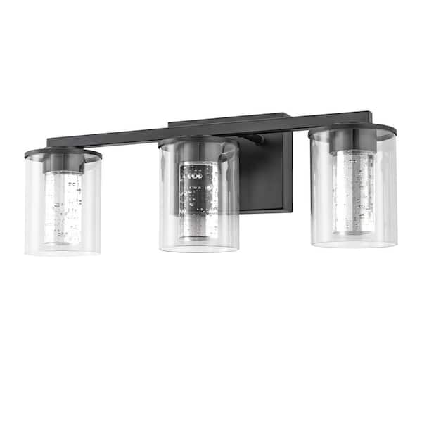Briignite 18 in. Modern 3-Light Black Crystal LED Vanity Light for Bathroom with Clear Glass Shades