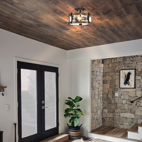Hukoro 12.2 in. W. 2-Light Semi Flush Mount with Matte Black, Barnwood Accents and Seeded Glass Shade