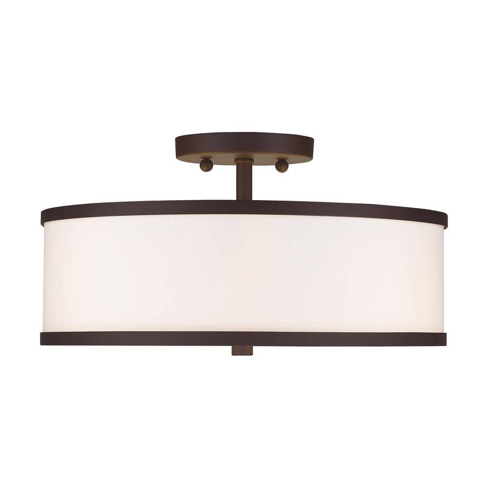 Bronze Drum 3-Light Semi-Flush Mount with Off-White Fabric Shade