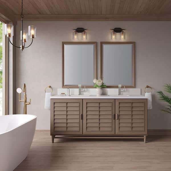 James Martin Vanities Portland 72.0 in. W x 23.5 in. D x 34.3 in. H Double Bathroom Vanity in Whitewashed Walnut with White Zeus Quartz Top