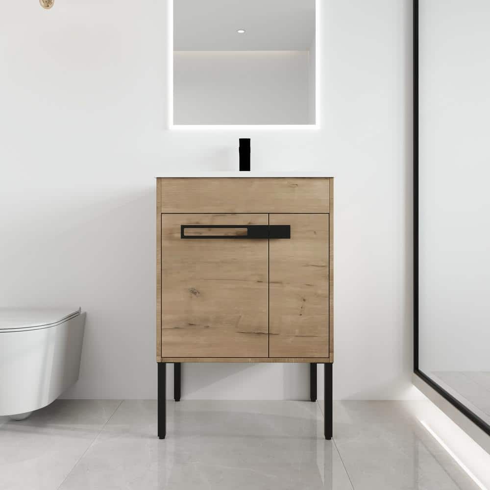 24 in. W x 18.3 in. D x 35 in. H Freestanding Bath Vanity in Light Brown wi