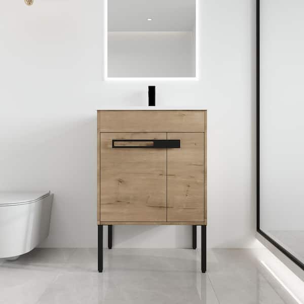 ARTCHIRLY 24 in. W x 18.3 in. D x 35 in. H Freestanding Bath Vanity in Light Brown with White Ceramic Vanity Top