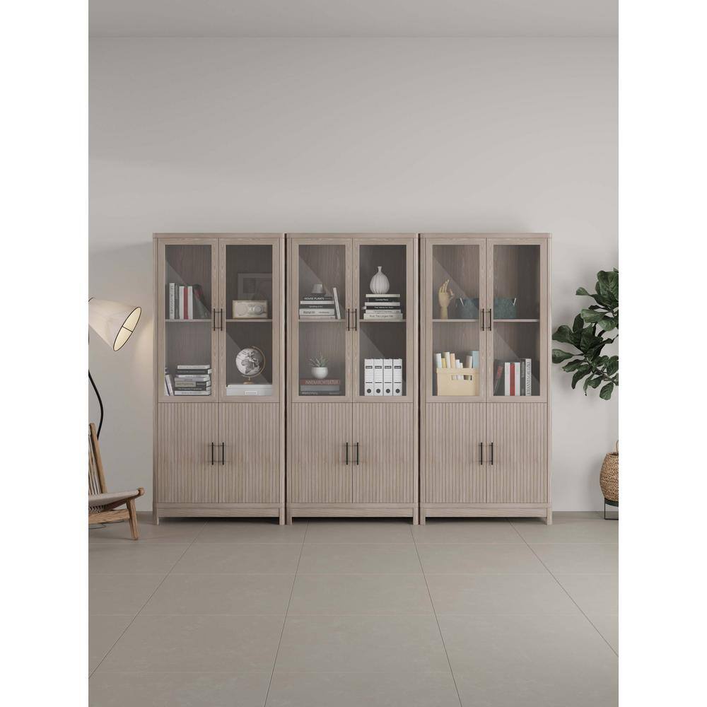 67.6" White Washed Oak Adjustable Bookcase Set with Glass Doors