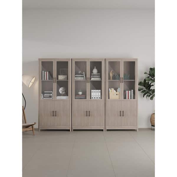 Manhattan Comfort Jodie 67.6 in. Tall Mid-Century Modern Whitewashed Oak Composite Wood 6-Shelf Bookcase with Glass Doors (Set of 3)