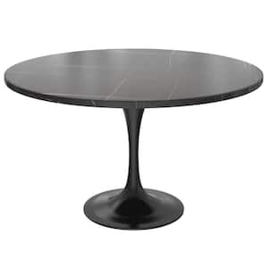 Verve Modern 48 in. Round Dining Table with Sintered Stone Tabletop in Black Steel Pedestal Base, Black