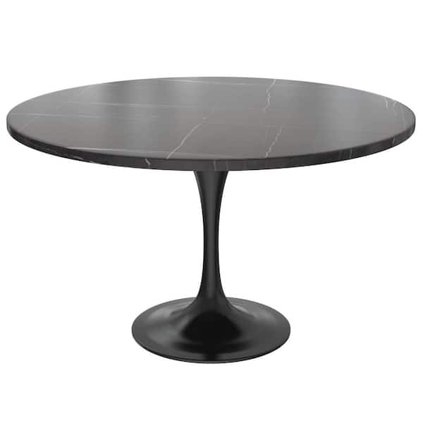 Leisuremod Verve Modern 48 in. Round Dining Table with Sintered Stone Tabletop in Black Steel Pedestal Base, Black