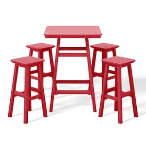 Laguna 5-Piece Fade Resistant HDPE Plastic Outdoor Patio Square Bar Height Pub Set, Matching Barstools in Red