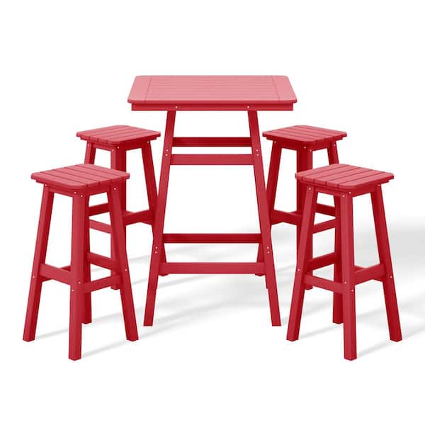 WESTIN OUTDOOR Laguna 5-Piece Fade Resistant HDPE Plastic Outdoor Patio Square Bar Height Pub Set, Matching Barstools in Red
