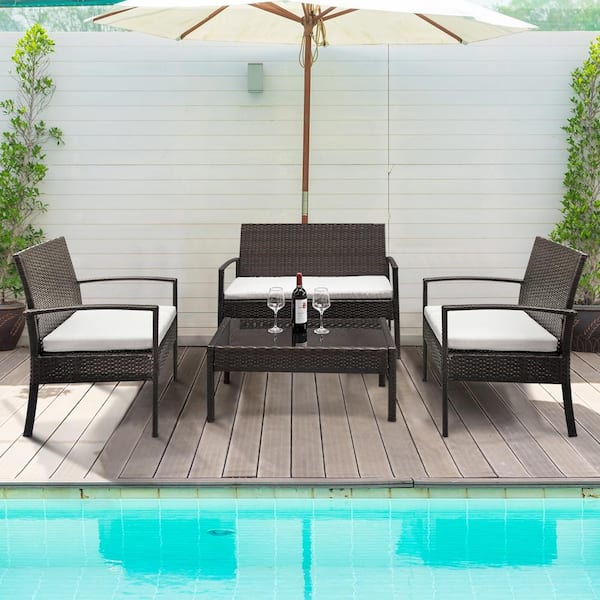 Winado Brown 4 Piece Wicker Patio Conversation Set With White Cushions 609279595837 Wicker Patio Conversation Set, 4 Piece Outdoor Wicker Furniture Sets Singapore