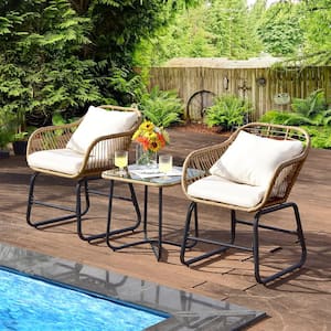 3PCS Wicker Patio Conversation Set Outdoor Bistro Set w/Washable White Cushion and 2 Armchairs for Backyard