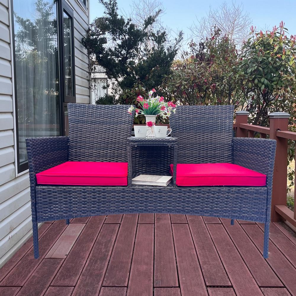 52 in. Wicker Patio Loveseats Outdoor Loveseat with Red Removable Cushions 