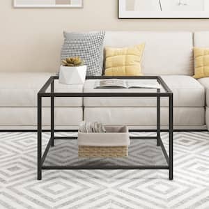 27.5 in. Black Square Glass Coffee Table 2-Tier with Mesh Shelf Living Room
