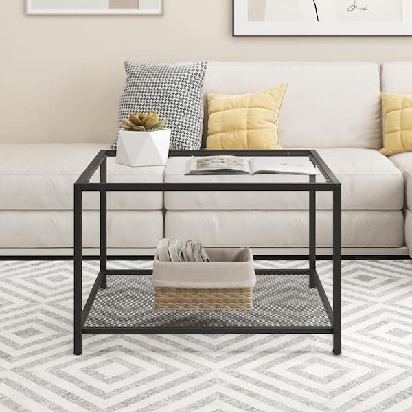 Costway 27.5 in. Black Square Glass Coffee Table 2-Tier with Mesh Shelf Living Room