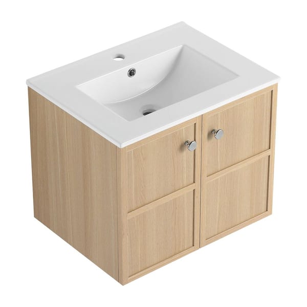 24 in. Single-Sink Floating Oak Bath Vanity with White Ceramic Top Unassembled and 2-Soft Closing Door