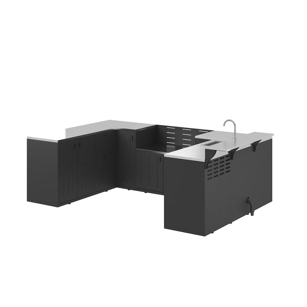 Metal Burner Propane Tank Grill Island in Black with Modular Outdoor Kitchen Cabinets and 304 Stainless Steel Worktops