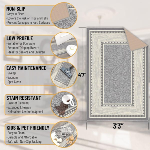 Ottohome Collection Non-Slip Rubberback Bordered Design 3 x 5 Indoor Area Rug, 3 ft. 3 in. x 4 ft. 7 in., Gray