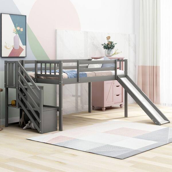 HomeRoots Amelia Gray Twin Loft Bed with Stairs 2000404076 - The Home Depot