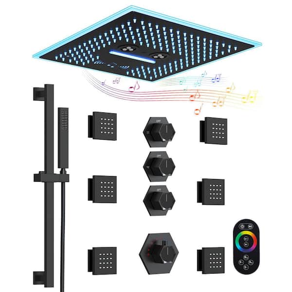 YAWWALK Thermostatic 17-Spray 16 and 6 in. Square LED Mood Lighting Bluetooth Music Shower System in Matte Black