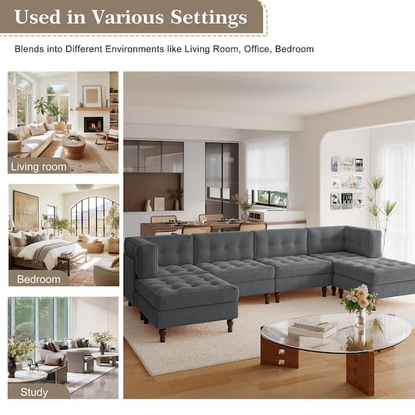 Uixe 130.8 in. Square Arm 6-piece Corduroy U-Shaped Sectional Sofa