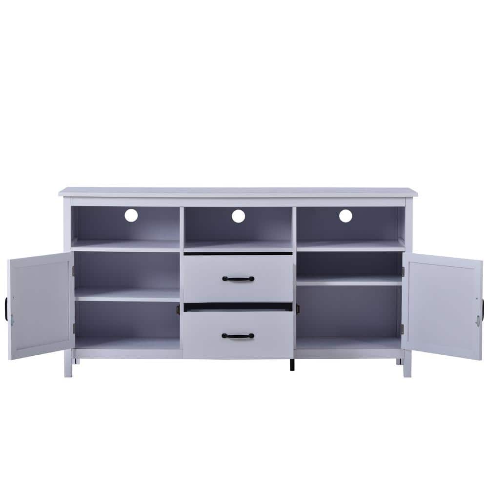 57 in. W x 18.1 in. D x 30 in. H White Wood Linen Cabinet with TV Stand, Drawers, Doors, Adjustable Shelf