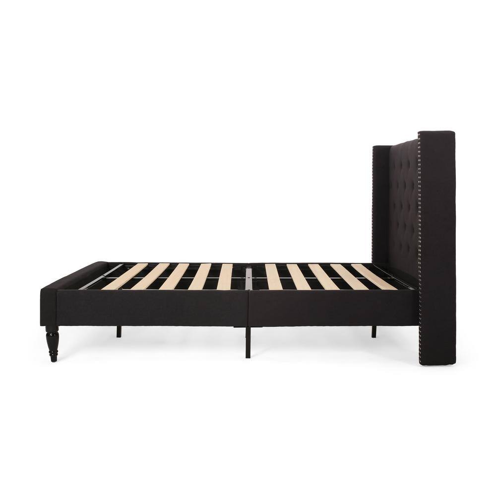 Queen Black Upholstered Wood Platform Bed with Tufted Headboard